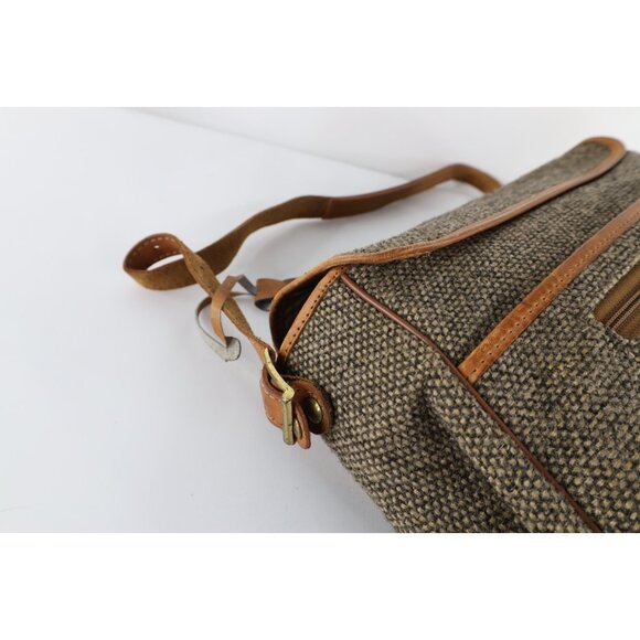 Vintage 70s 80s Streetwear Distressed Wool Tweed Leather Messenger Bag Briefcase - Picture 9 of 11